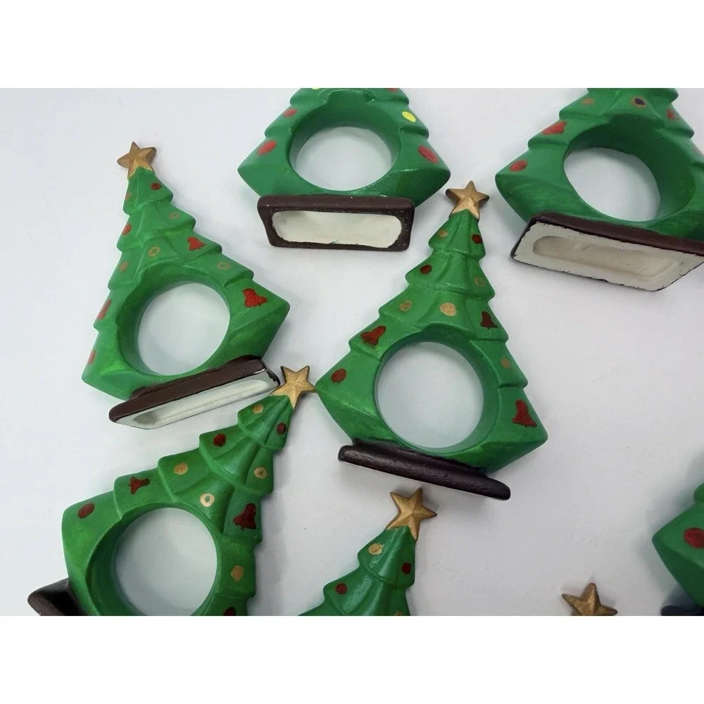 Hand painted Ceramic Christmas Tree Napkin Ring Holder Holiday Home Decor Lot 12